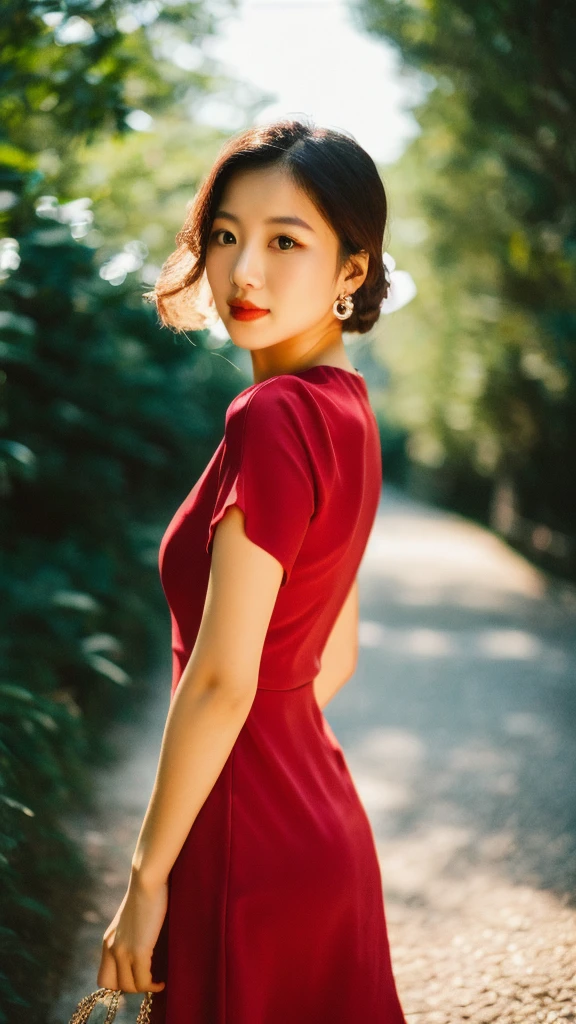 RAW photo of rinrada,red high-neck dress, neutral background, 8k uhd, dslr, soft lighting, high quality, film grain, Fujifilm XT3,