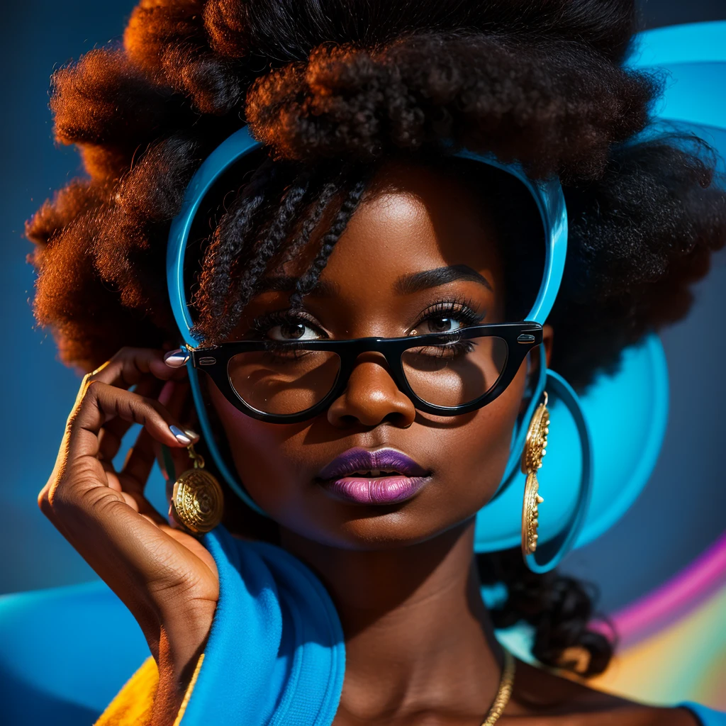 Beautiful black woman with afro hair for advertisement of stylish blue-framed glasses, swirly vibrant colors, hyper realistic art in 4k, hyper realistic hair