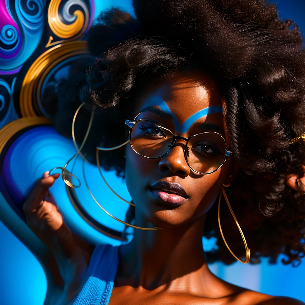Beautiful black woman with afro hair for advertisement of stylish blue-framed glasses, swirly vibrant colors, hyper realistic art in 4k, hyper realistic hair