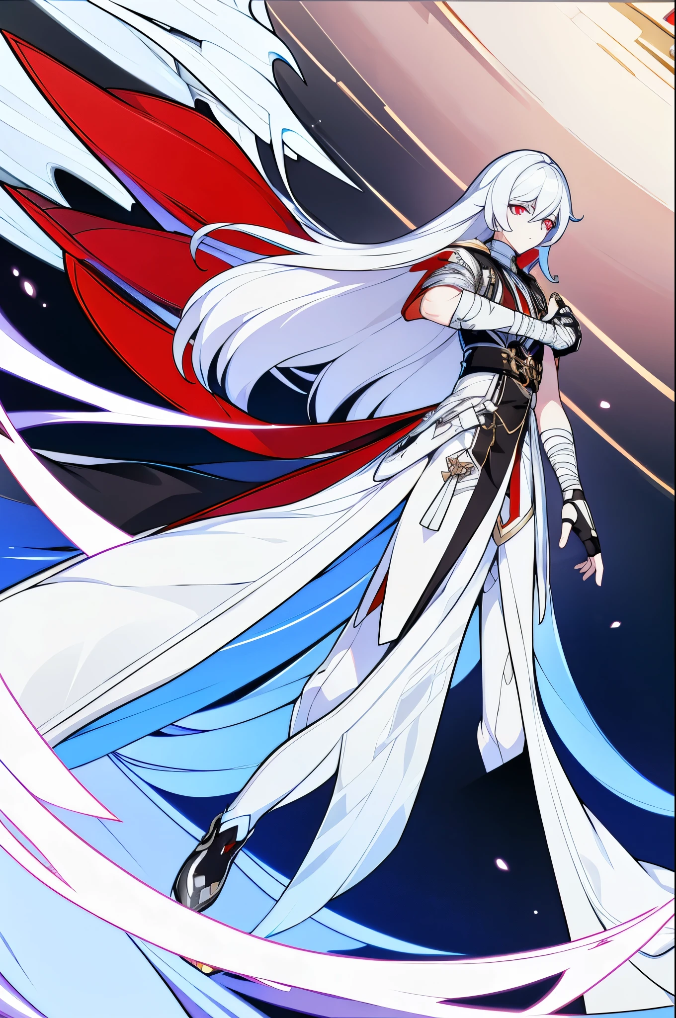 (best quality,ultra-detailed,vibrant colour) white background, full body, solo, 1 male, pale skin, long hair, white hair, red eyes, slit pupils, black coat, white t-shirt, bandages, bandages arms, bandaged neck, fingerless gloves, glovelets, black pants