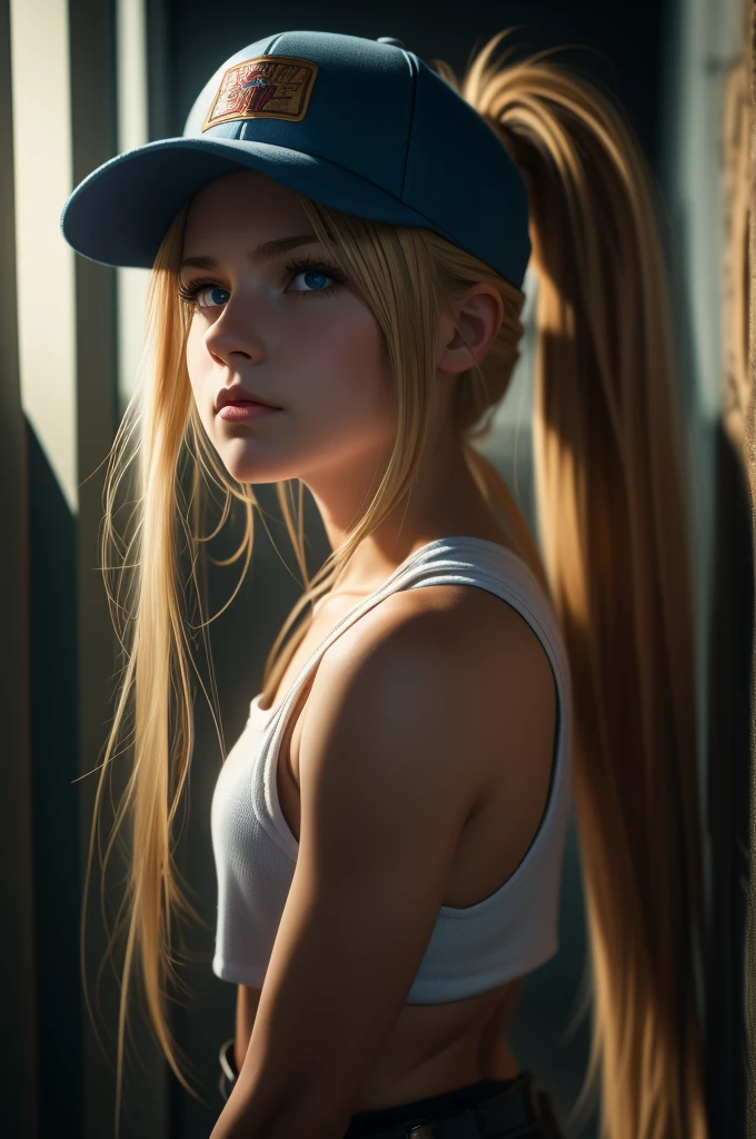 (artwork), best quality, expressive eyes, perfect face, high resolution, (8K), (perfect face), (ultra details), 1 girl, Alone, terry bogard girl, blonde hair, ponytail, blue eyes , Long hair, baseball cap, fingerless gloves, pleated miniskirt wide leather belt, shoes, blushing, Afraid, distressed, Open mouth, back of the room, we didn't place, standing, portrait, looking at her hands