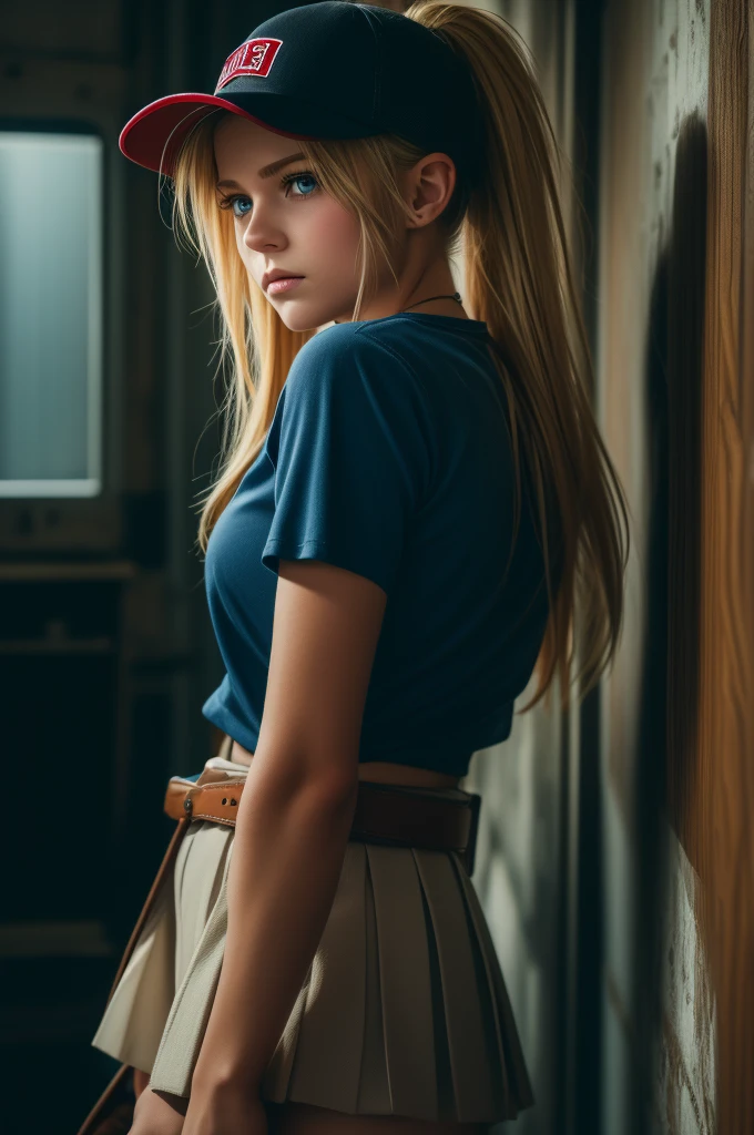 (artwork), best quality, expressive eyes, perfect face, high resolution, (8K), (perfect face), (ultra details), 1 girl, Alone, terry bogard girl, blonde hair, ponytail, blue eyes , Long hair, baseball cap, fingerless gloves, pleated miniskirt wide leather belt, shoes, blushing, Afraid, distressed, Open mouth, back of the room, we didn't place, standing, portrait, looking at her hands