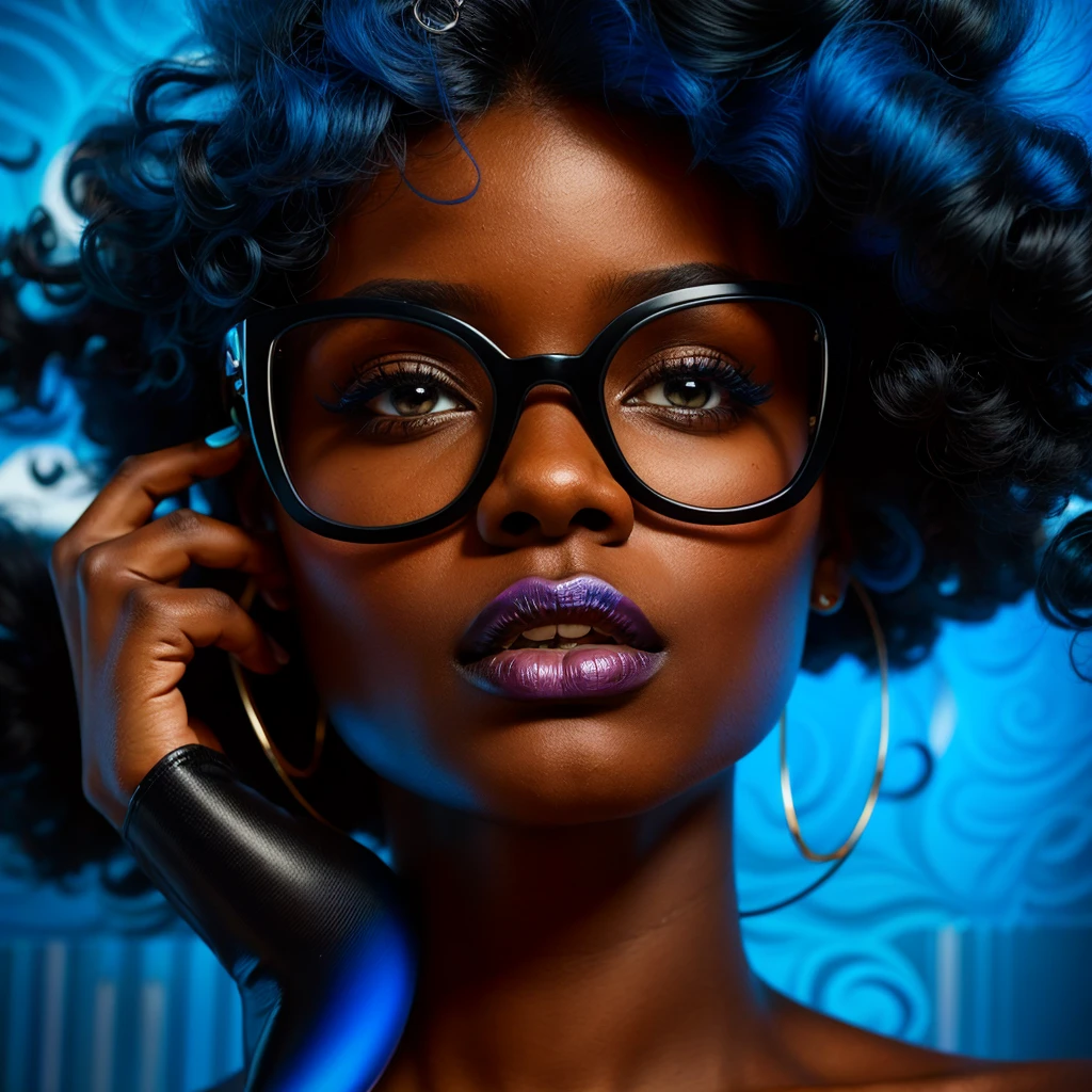 Beautiful black woman with afro hair for advertisement of stylish blue-framed glasses, swirly vibrant colors, hyper realistic art in 4k, hyper realistic hair