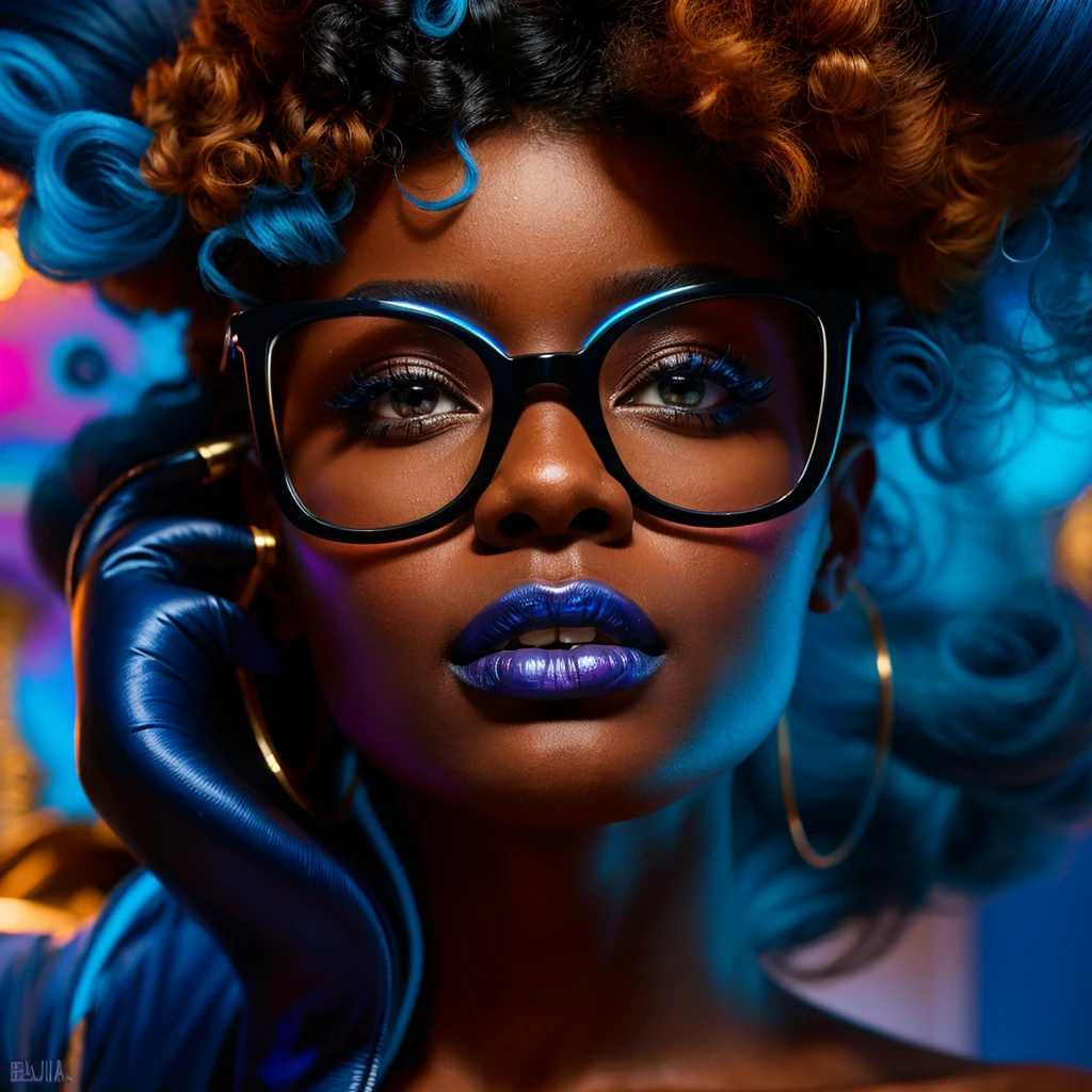 Beautiful black woman with afro hair for advertisement of stylish blue-framed glasses, swirly vibrant colors, hyper realistic art in 4k, hyper realistic hair