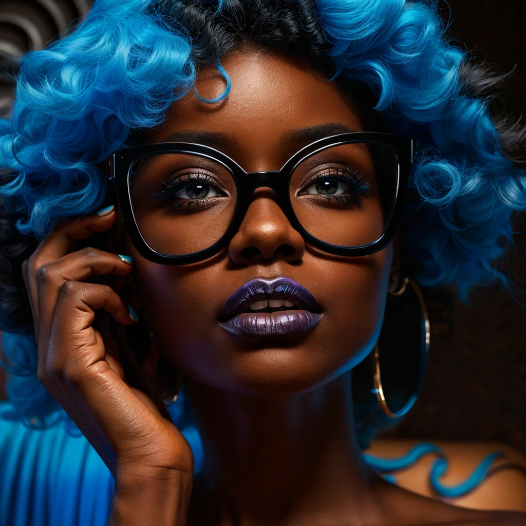 Beautiful black woman with afro hair for advertisement of stylish blue-framed glasses, swirly vibrant colors, hyper realistic art in 4k, hyper realistic hair