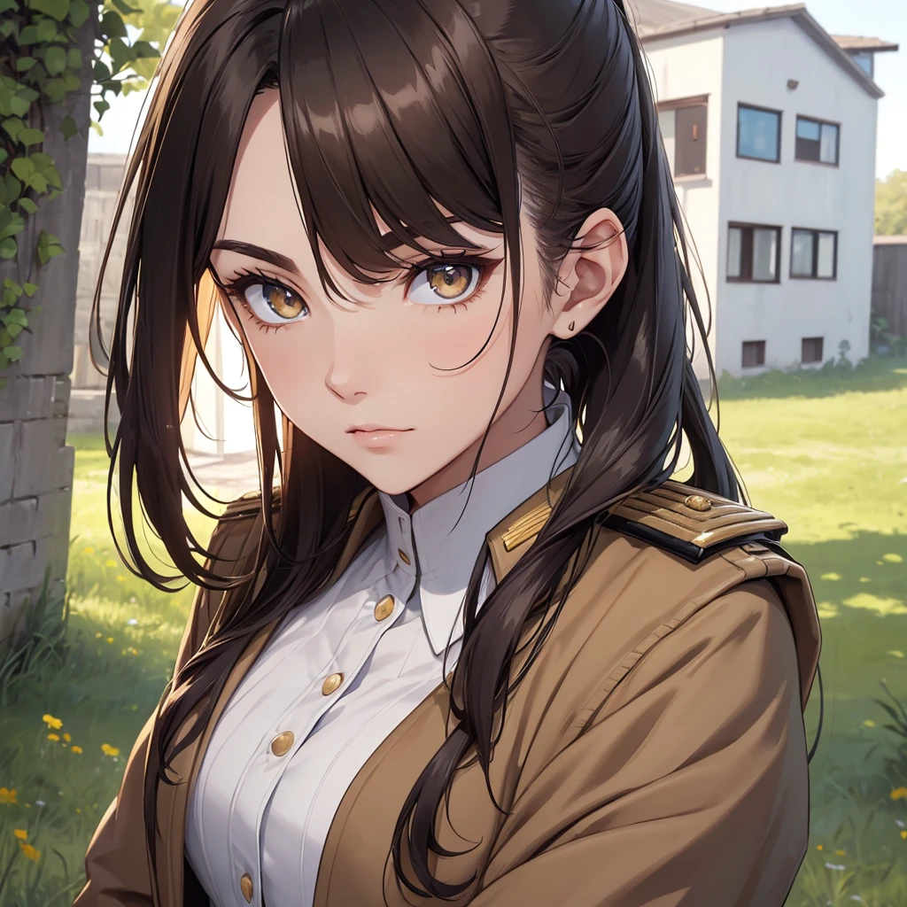 (8K, Best Quality, Masterpiece, Ultra High Resolution) 1 Girl, Woman, Beautiful Eyes, Face Details, Dark Hair, Hair Ponytail, Gold Eyes, Pale Skin, Tan Colored Military Uniform, Tan Jacket, White Fitted Shirt, Outside, Military Camp, Countryside, Best Quality, Upper Body, Looking at the Viewer, Facing Viewer, Close Up