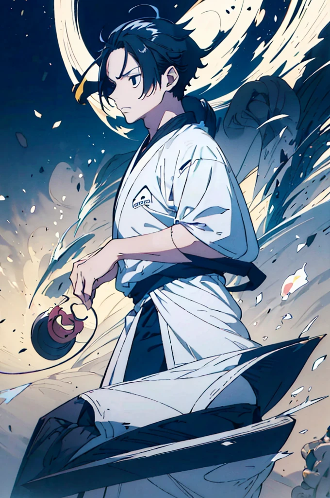 male anime character, anime rudo 8k, chinese ink style artwork, long black hair, waving with the wind, black eyes, white tunic with silver, wide tunic, taoist robe, cute boy, handsome prince, long tunic, male focus, powerful approach, elegant aura, white colors, Dorado, silver and light blue, Handsome guy, Handsome boy, intelligent