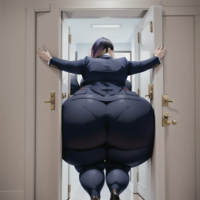 masterpiece, 1girl behind a doorway, from front, (doorstuck, stuckfront:1.3), huge hips, round belly, thick thighs, colorful clothing, wearing suit and tie and formal pants, upset, desperately trying to wiggle through, she kicks her legs franticly, she is stuck tight view from behind, she reaches her arms out for her boss to pull her out
