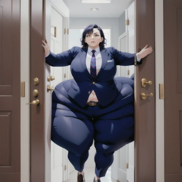 masterpiece, 1girl behind a doorway, from front, (doorstuck, stuckfront:1.3), huge hips, round belly, thick thighs, colorful clothing, wearing suit and tie and formal pants, upset, desperately trying to wiggle through, she kicks her legs franticly, she is stuck tight view from behind, she reaches her arms out for her boss to pull her out