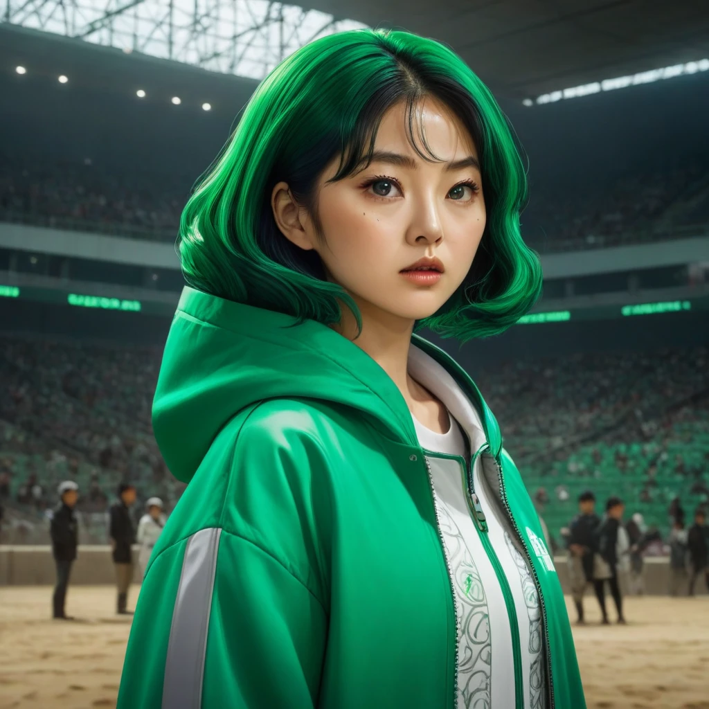 Hoyeon Jung, korean woman, 1 woman wearing green and white jacket, make sure the exact writting between parenthesis (067) appears on the top left of the jacket, netflix, squid game, Kang Sae-byeok, in a stone arena, front view