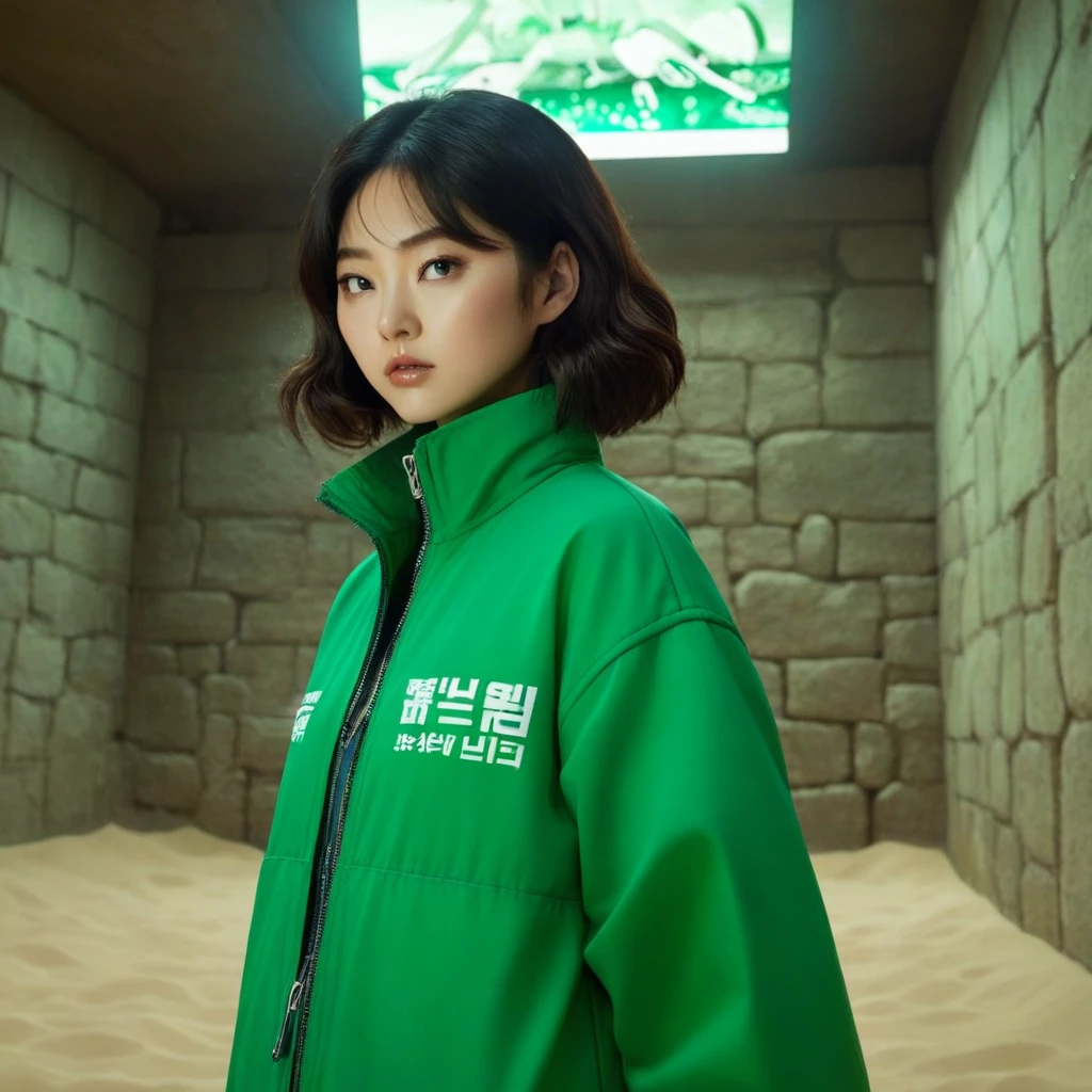 Hoyeon Jung, korean woman, 1 woman wearing green and white jacket, make sure the exact writting between parenthesis (067) appears on the top left of the jacket, netflix, squid game, Kang Sae-byeok, in a stone arena, front view