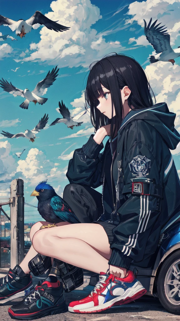 Masterpiece, intricately details,Best quality, 1girll, Solo, Bird, Hood, Sitting, Long hair, shoes, Jacket, blackfootwear, Hood down, animal on shoulder, whaite hair, Animal, blue jacket, Sneakers, sign, Cloud, bangs, Long sleeves, From the side Side, Hoodie, profile, Outdoors, bird on shoulder, sky, jaqueta com capuz