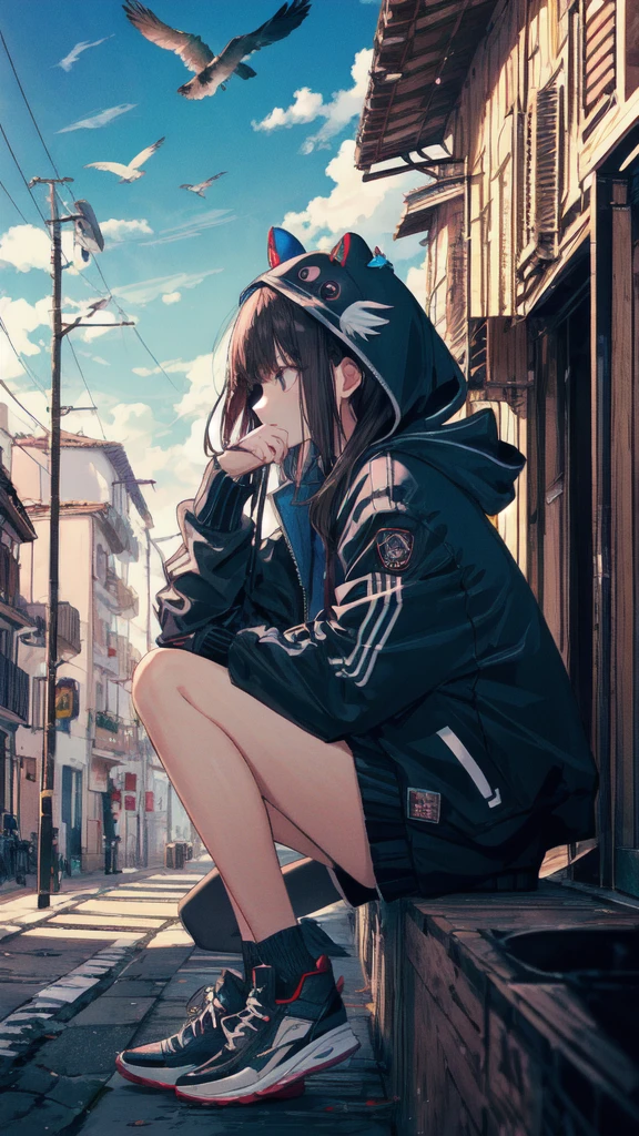 Masterpiece, intricately details,Best quality, 1girll, Solo, Bird, Hood, Sitting, Long hair, shoes, Jacket, blackfootwear, Hood down, animal on shoulder, whaite hair, Animal, blue jacket, Sneakers, sign, Cloud, bangs, Long sleeves, From the side Side, Hoodie, profile, Outdoors, bird on shoulder, sky, jaqueta com capuz
