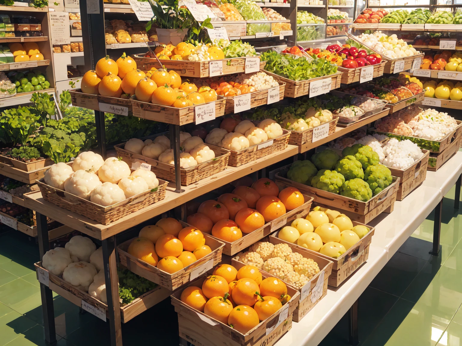 big vegitable sell vegitables, vegitable shop, panorama view, magnificent view, absurdres, 8k, detailed plants