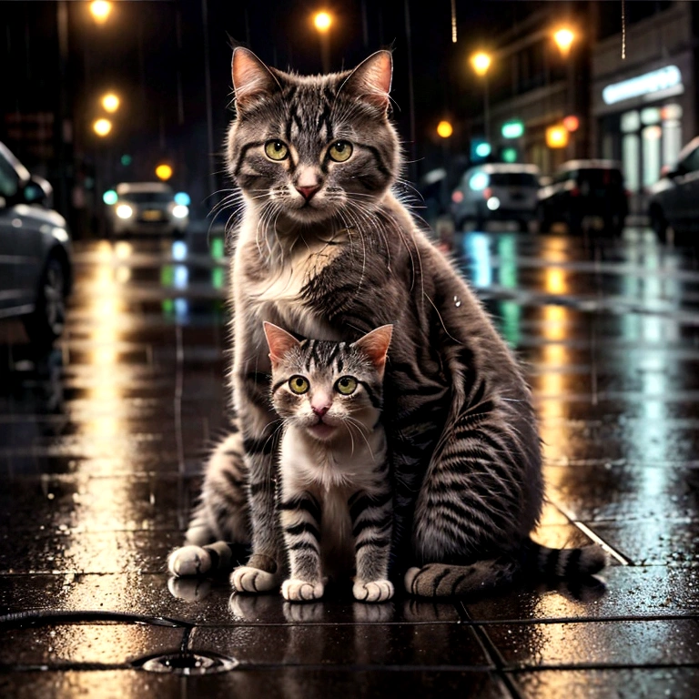 A detailed and emotional scene of a large, injured cat with visible scars on its chest, sitting protectively in the rain on a wet city street. The cat is hugging a small kitten closely to its body, providing warmth and comfort. The background shows a rainy night with blurred street lights and silhouettes of people in the distance, with reflections of lights and raindrops on the pavement. The atmosphere is dramatic and touching, highlighting the bond between the two cats and the harshness of their environment.
