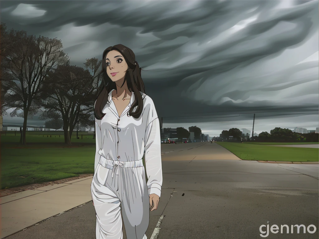 wide angle full body shot of a beautiful slim latina girl with long dark hair wearing white headphones and white pijamas walking in an stormy day on a completely empty city, looking up happy