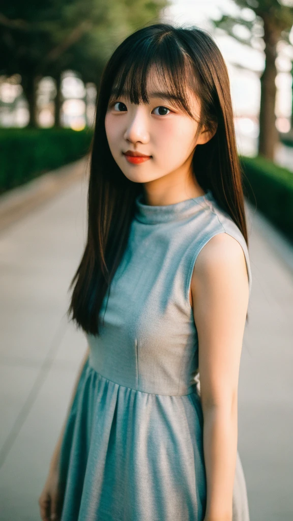 RAW photo of 1girl, 16 years old, red high-neck dress, neutral background, 8k uhd, dslr, soft lighting, high quality, film grain, Fujifilm XT3,
