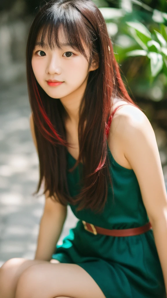 RAW photo of 1girl, 16 years old, red high-neck dress, neutral background, 8k uhd, dslr, soft lighting, high quality, film grain, Fujifilm XT3, 
