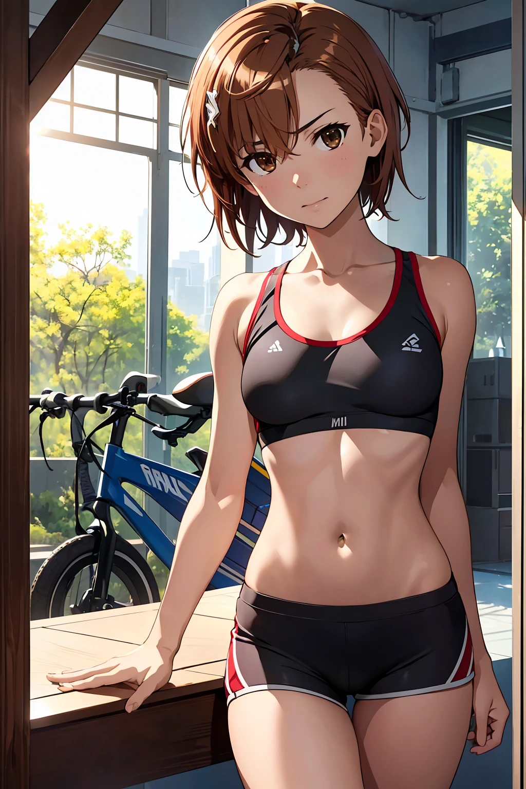 (Highest quality:1.5, High resolution, uhd, 4K, Detailed lighting, Shaders), NSFW Misaka Mikoto,short hair　Brown Hair　Brown eyes　Cool face　　((Black bike shorts))++　Sports bra with a small area　Realistic sun rays　 Beautiful park