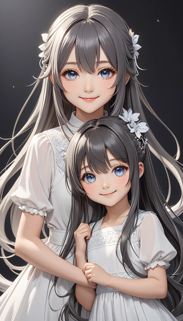 (Double tail), 1個綁著高高的Double tail女孩,Colored highlighted hair, dark gray long hair,,  highly detailed eyes, White dress, Smile