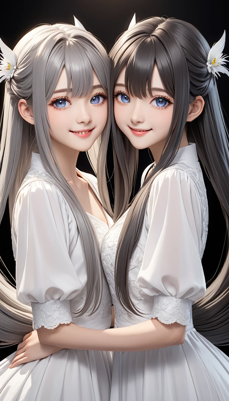 (Double tail), 1個綁著高高的Double tail女孩,Colored highlighted hair, dark gray long hair,, highly detailed eyes, White dress, Smile