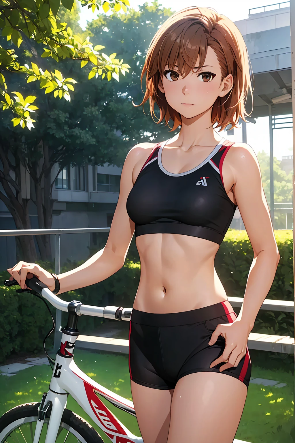 (Highest quality:1.5, High resolution, uhd, 4K, Detailed lighting, Shaders), NSFW Misaka Mikoto,short hair Brown Hair Brown eyes Cool face ((Black bike shorts))++ Sports bra with a small area Realistic sun rays Beautiful park