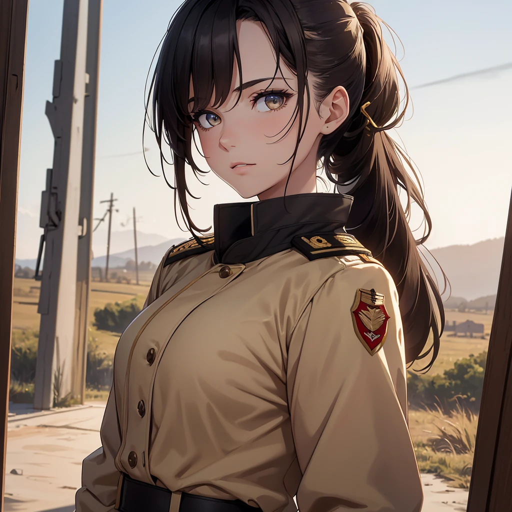(8K, Best Quality, Masterpiece, Ultra High Resolution) 1 Girl, Woman, Beautiful Eyes, Face Details, Dark Hair, Hair Ponytail, Gold Eyes, Pale Skin, Tan Colored Military Uniform, Tan Jacket, White Fitted Shirt, Outside, Military Camp, Countryside, Best Quality, Upper Body, Looking at the Viewer, Facing Viewer, Close Up