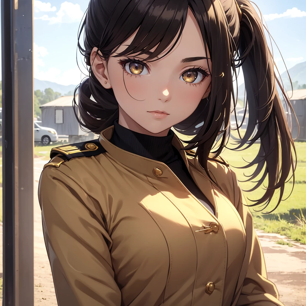 (8K, Best Quality, Masterpiece, Ultra High Resolution) 1 Girl, Woman, Beautiful Eyes, Face Details, Dark Hair, Hair Ponytail, Gold Eyes, Pale Skin, Tan Colored Military Uniform, Tan Jacket, White Fitted Shirt, Outside, Military Camp, Countryside, Best Quality, Upper Body, Looking at the Viewer, Facing Viewer, Close Up