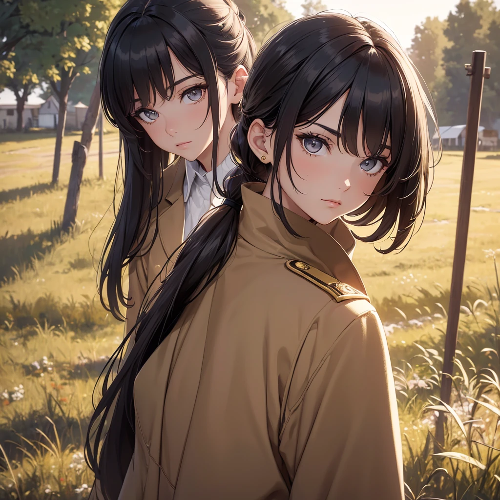 (8K, Best Quality, Masterpiece, Ultra High Resolution) 1 Girl, Woman, Beautiful Eyes, Face Details, Dark Hair, Hair Ponytail, Gold Eyes, Pale Skin, Tan Colored Military Uniform, Tan Jacket, White Fitted Shirt, Outside, Military Camp, Countryside, Best Quality, Upper Body, Looking at the Viewer, Facing Viewer, Close Up