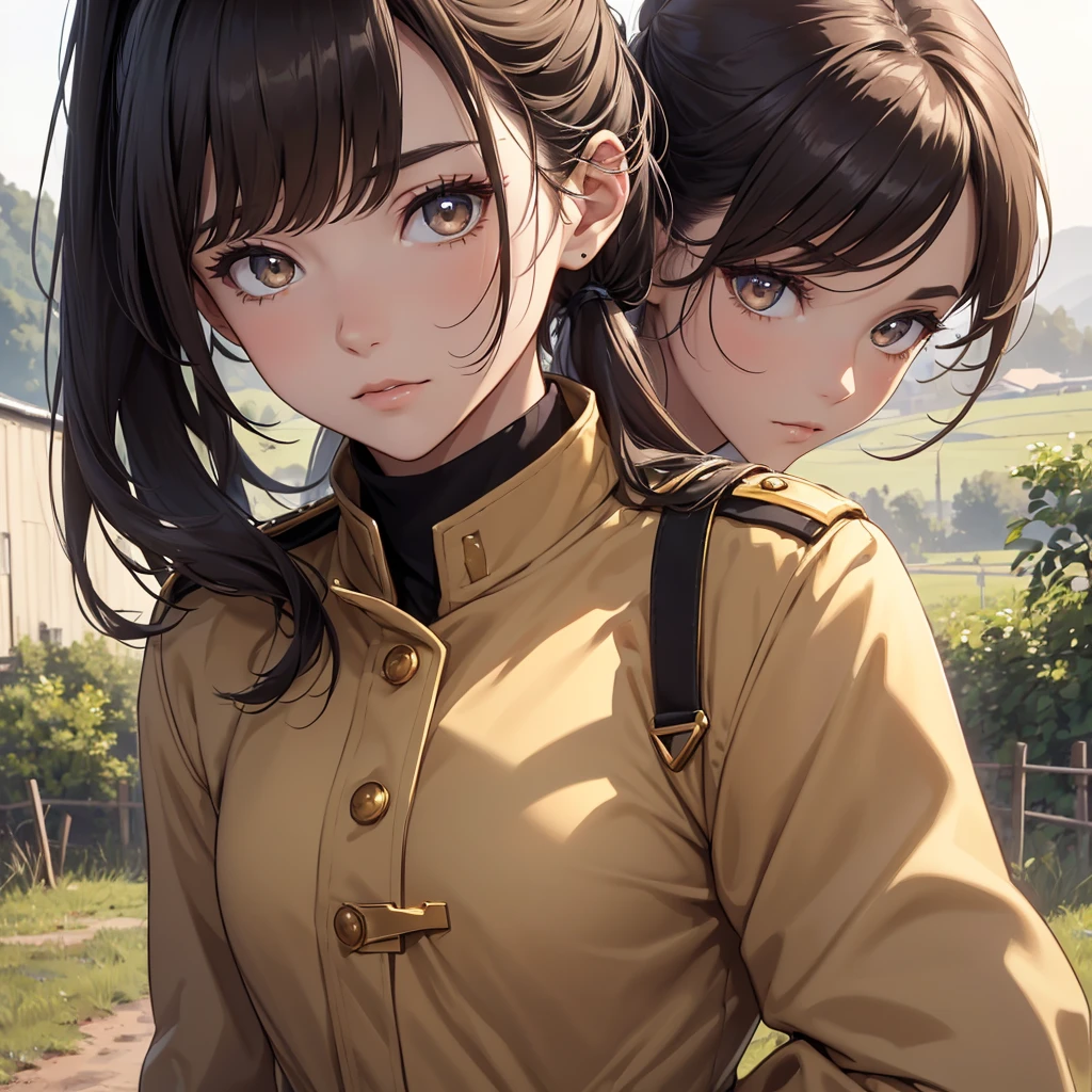 (8K, Best Quality, Masterpiece, Ultra High Resolution) 1 Girl, Woman, Beautiful Eyes, Face Details, Dark Hair, Hair Ponytail, Gold Eyes, Pale Skin, Tan Colored Military Uniform, Tan Jacket, White Fitted Shirt, Outside, Military Camp, Countryside, Best Quality, Upper Body, Looking at the Viewer, Facing Viewer, Close Up