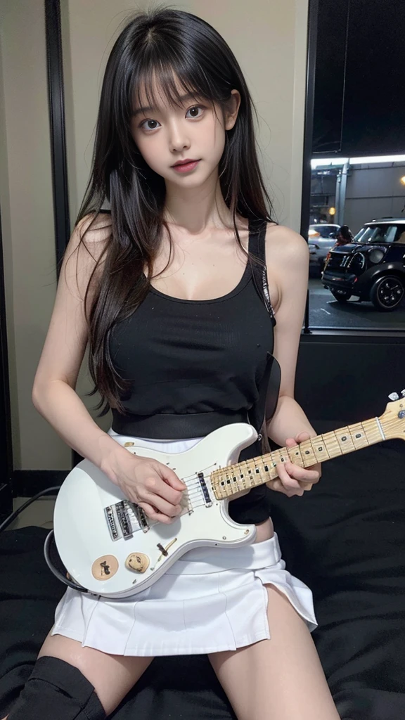 (Highest quality, masterpiece:1.2, RAW Photos), (Realistic:1.3), Realistic:1.2、One Girl、Japanese、Girls like 、Innocent face、The face is slightly rounded、 Girl,cute,、Baby dee、(plays the Electric guitar:1.5)、(Electric guitar:1.5)、(Spread your legs:1.2)、(Showing white panties:1.4)、(Cute tank top)、(Black mini skirt:1.5)、(Oversized clothing、Sloppy dressing、Rough Dressing)、Black Hair、(ロックコンサートのステージ上in:1.3)、(in S.debt.in.:1.1), ((Detailed eyes and face:1.2, Professional photography techniques, Cinema Lighting))