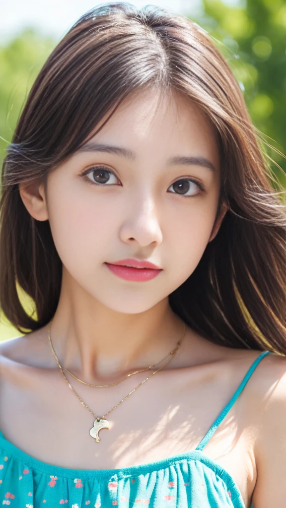 1girl, , Cute clothes, slim and slender physique, Skin is detailed and very detailed eyes, high detailed skin texture, Has a Slender Necklace, Colorful dress with colorful hair