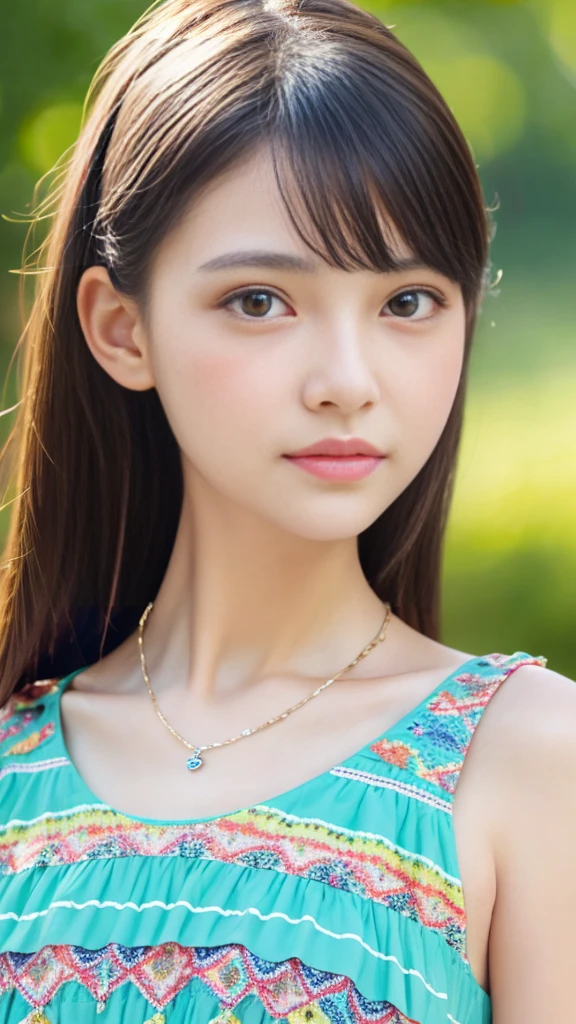 1girl, 16 years old, Cute clothes, slim and slender physique, Skin is detailed and very detailed eyes, high detailed skin texture, Has a Slender Necklace, Colorful dress with colorful hair