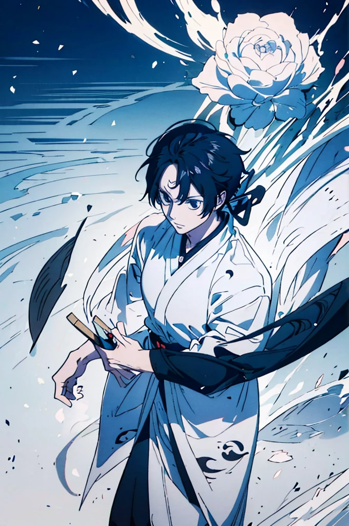 male anime character, anime rudo 8k, chinese ink style artwork, long black hair, waving with the wind, black eyes, white tunic with silver, wide tunic, taoist robe, cute boy, handsome prince, long tunic, male focus, powerful approach, elegant aura, white colors, Dorado, silver and light blue, Handsome guy, Handsome boy, intelligent