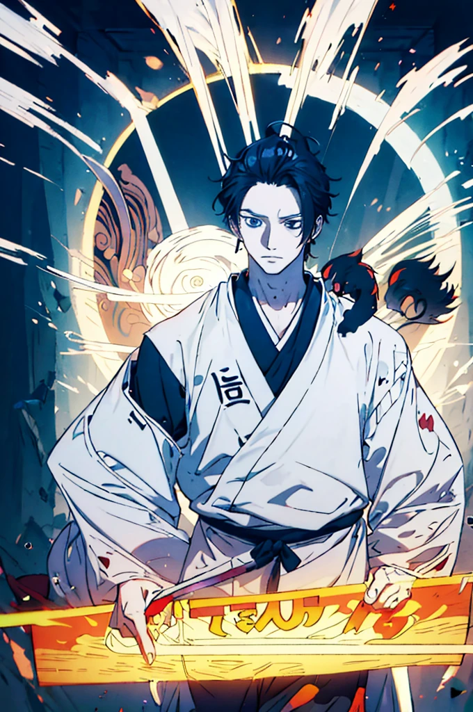male anime character, anime rudo 8k, chinese ink style artwork, long black hair, waving with the wind, black eyes, white tunic with silver, wide tunic, taoist robe, cute boy, handsome prince, long tunic, male focus, powerful approach, elegant aura, white colors, Dorado, silver and light blue, Handsome guy, Handsome boy, intelligent