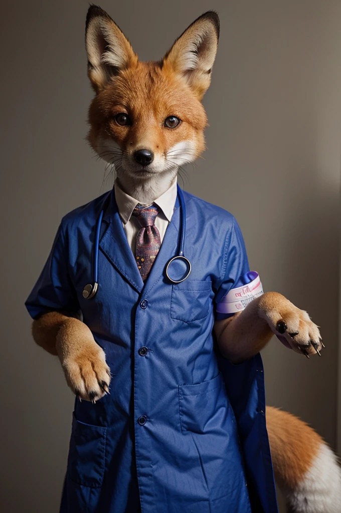 A fox animal who is dressed as a doctor and is a pharmacist. Around his neck is a medical stethoscope and his tail is seen with all beauty and dignity.