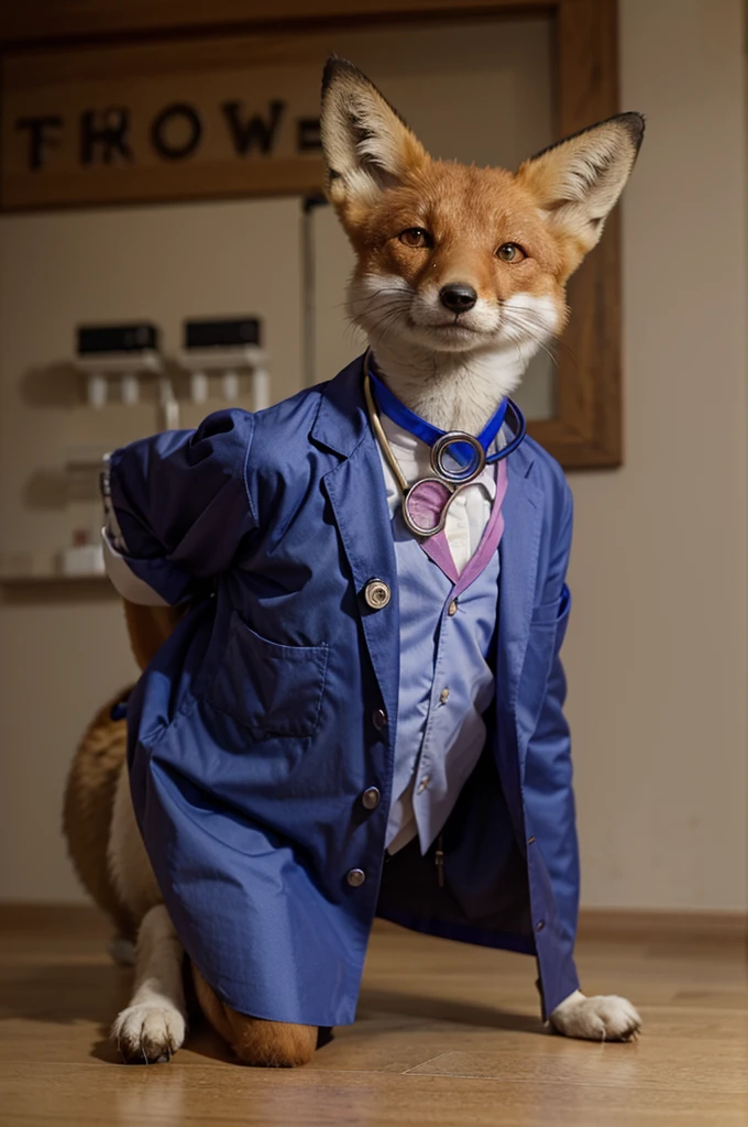 A fox animal who is dressed as a doctor and is a pharmacist. Around his neck is a medical stethoscope and his tail is seen with all beauty and dignity.
