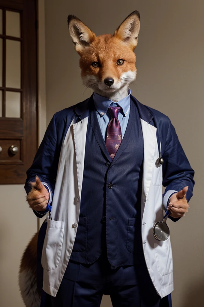 A fox animal who is dressed as a doctor and is a pharmacist. Around his neck is a medical stethoscope and his tail is seen with all beauty and dignity.