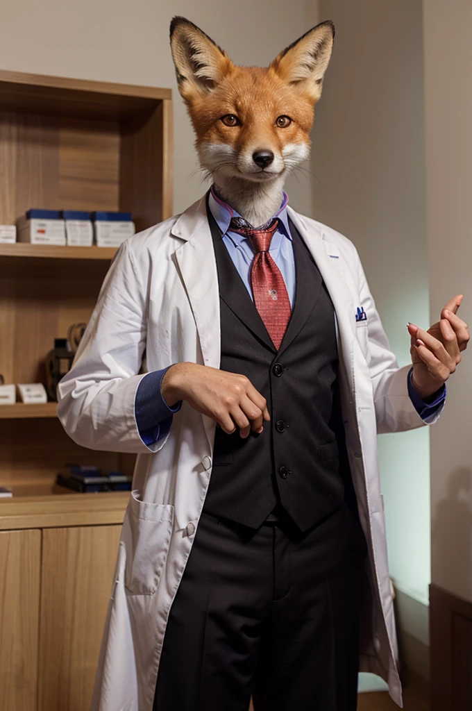 A fox animal who is dressed as a doctor and is a pharmacist. Around his neck is a medical stethoscope and his tail is seen with all beauty and dignity.