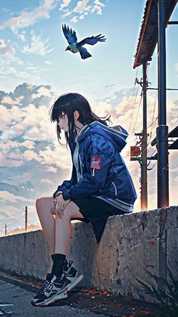 Masterpiece, intricately details,Best quality, 1girll, Solo, Bird, Hood, Sitting, Long hair, shoes, Jacket, blackfootwear, Hood down, animal on shoulder, whaite hair, Animal, blue jacket, Sneakers, sign, Cloud, bangs, Long sleeves, From the side Side, Hoodie, profile, Outdoors, bird on shoulder, sky, jaqueta com capuz