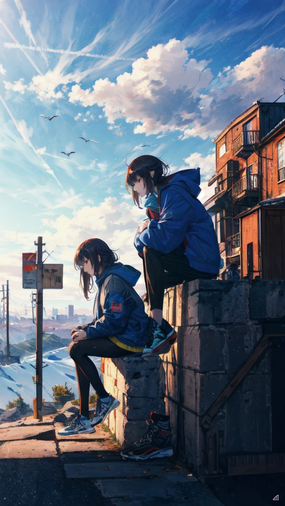 Masterpiece, intricately details,Best quality, 1girll, Solo, Bird, Hood, Sitting, Long hair, shoes, Jacket, blackfootwear, Hood down, animal on shoulder, whaite hair, Animal, blue jacket, Sneakers, sign, Cloud, bangs, Long sleeves, From the side Side, Hoodie, profile, Outdoors, bird on shoulder, sky, jaqueta com capuz