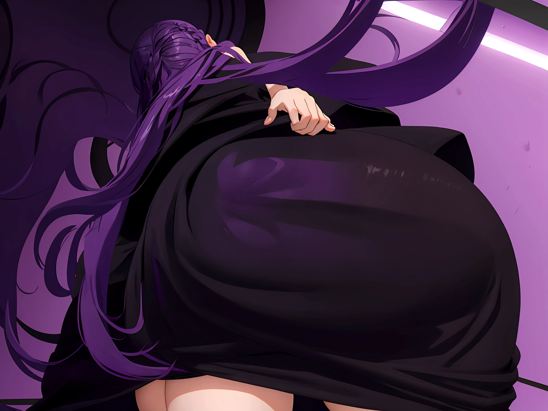 fern, 1girl, purple hair, from behind, huge ass, black dress, looking at viewer, from behind, (from below)