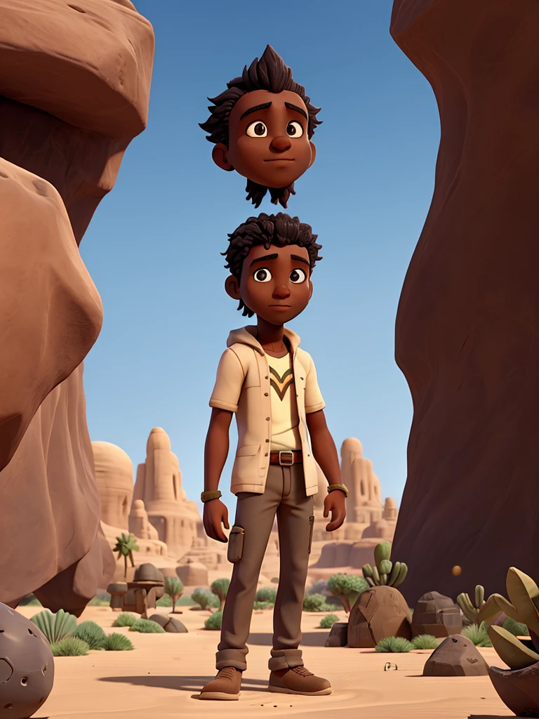 male character, dark-skinned, looking straight ahead, holding a giant dice in a desert biome, using kandura