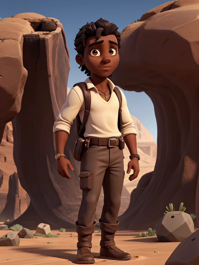 male character, dark-skinned, looking straight ahead, holding a giant dice in a desert biome, using kandura