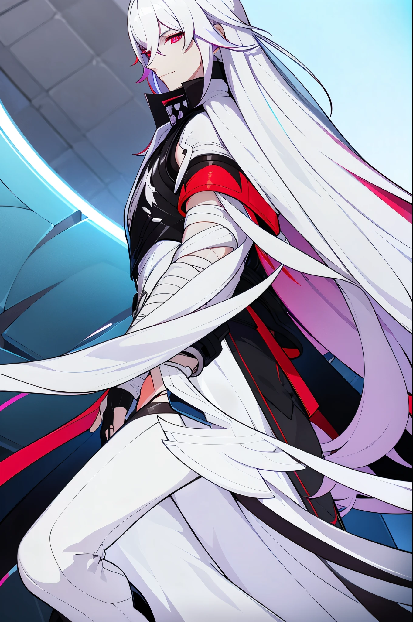 (best quality,ultra-detailed,vibrant colour) solo, 1 male, pale skin, long hair, white hair, red eyes, slit pupils, black coat, white t-shirt, bandages, bandages arms, bandaged neck, fingerless gloves, glovelets, black pants