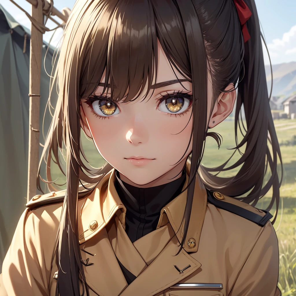 (8K, Best Quality, Masterpiece, Ultra High Resolution) 1Girl, Beautiful Eyes, Face Details, Dark Hair, Hair Ponytail, Gold Eyes, Pale Skin, Tan Colored Military Uniform, Tan Jacket, White Fitted Shirt, Outside, Military Camp, Countryside, Best Quality, Upper Body, Looking at the Viewer, Facing Viewer, Close Up