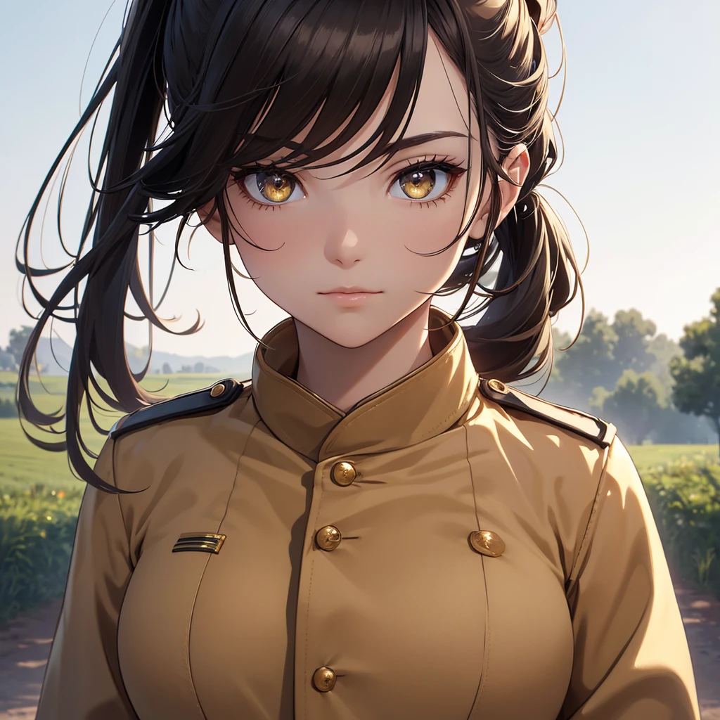 (8K, Best Quality, Masterpiece, Ultra High Resolution) 1Girl, Beautiful Eyes, Face Details, Dark Hair, Hair Ponytail, Gold Eyes, Pale Skin, Tan Colored Military Uniform, Tan Jacket, White Fitted Shirt, Outside, Military Camp, Countryside, Best Quality, Upper Body, Looking at the Viewer, Facing Viewer, Close Up