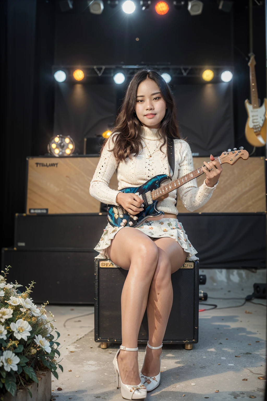 masterpiece, best quality, ultra detailed, high resolution, 1 girl, ((pretty lady MoonLay)), Burmese girl, ((pretty lady MoonLay's seductive sweet face with sweet smile:1.2)), ((playing guitar:1.5)), ((singing with confident)), ((electric guitar)), ((stage background:1.5)), golden hour setting, 8k, (black sweater turtleneck tight blouse), ((many white flowers pattern printed on black mini tight skirt:1.2)), (sitting on stylish stage stool), (((crossing legs:1.1))), (stiletto high heel), ((full body tilted front view:1.5)), ((blur background with star shaped bokeh effect to highlight portrait better)), (vibrant HDR lighting), 