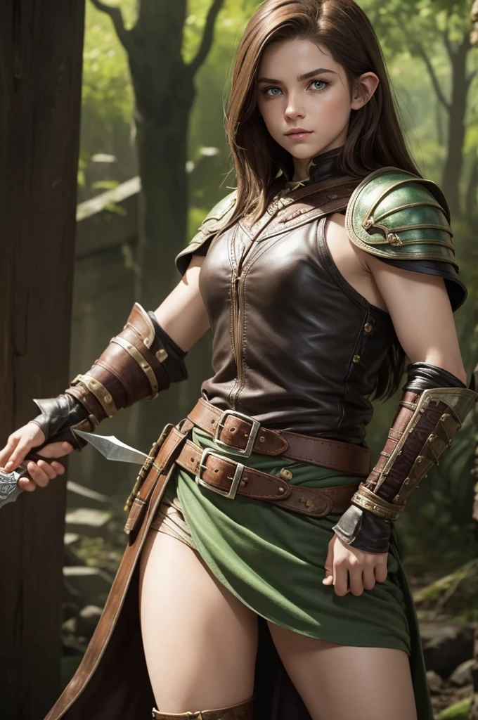 Thief-like halfling With white skin, green eyes and brown hair with daggers in hand and leather armor