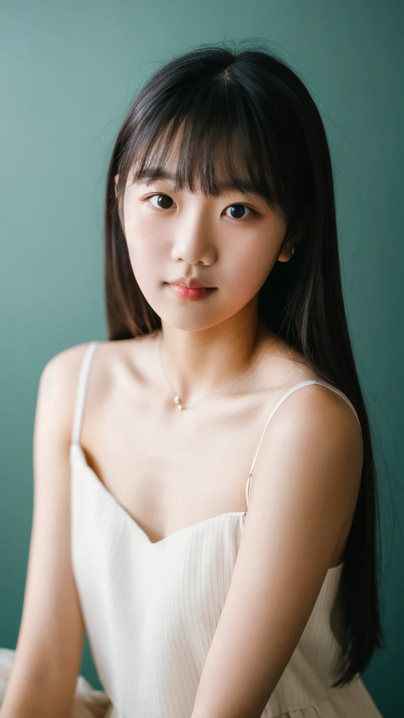 masterpiece, RAW photo of 1girl, 16 years old, red high-neck dress, neutral background, soft lighting, high quality, film grain, Fujifilm XT3,